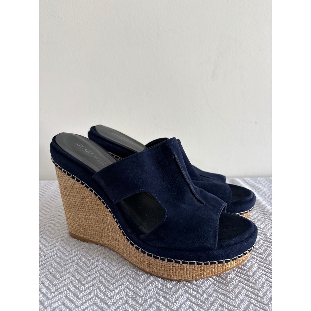 Stuart Weitzman Navy Suede Platform Espadrille Wedge Sandals Mules 9.5 M